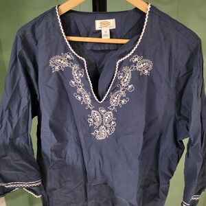 Boho Style Denim Blue Women's Tunic, with White Embroidery, 3X fits like L